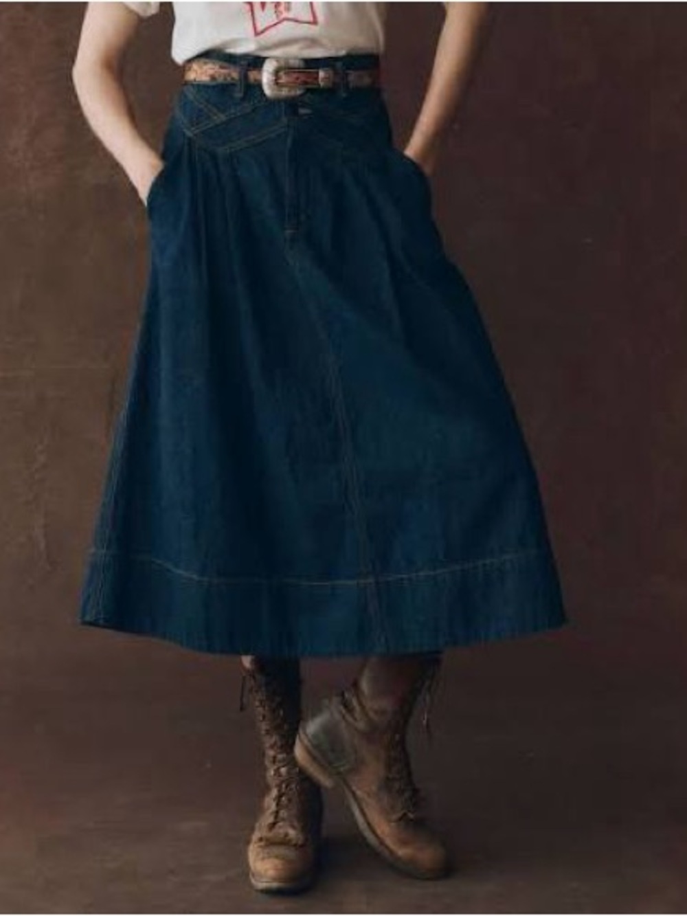 THE GREAT. “Field” Denim Midi Skirt